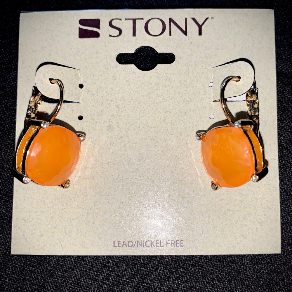 Drop Earrings, Gold Color with Peach Stone